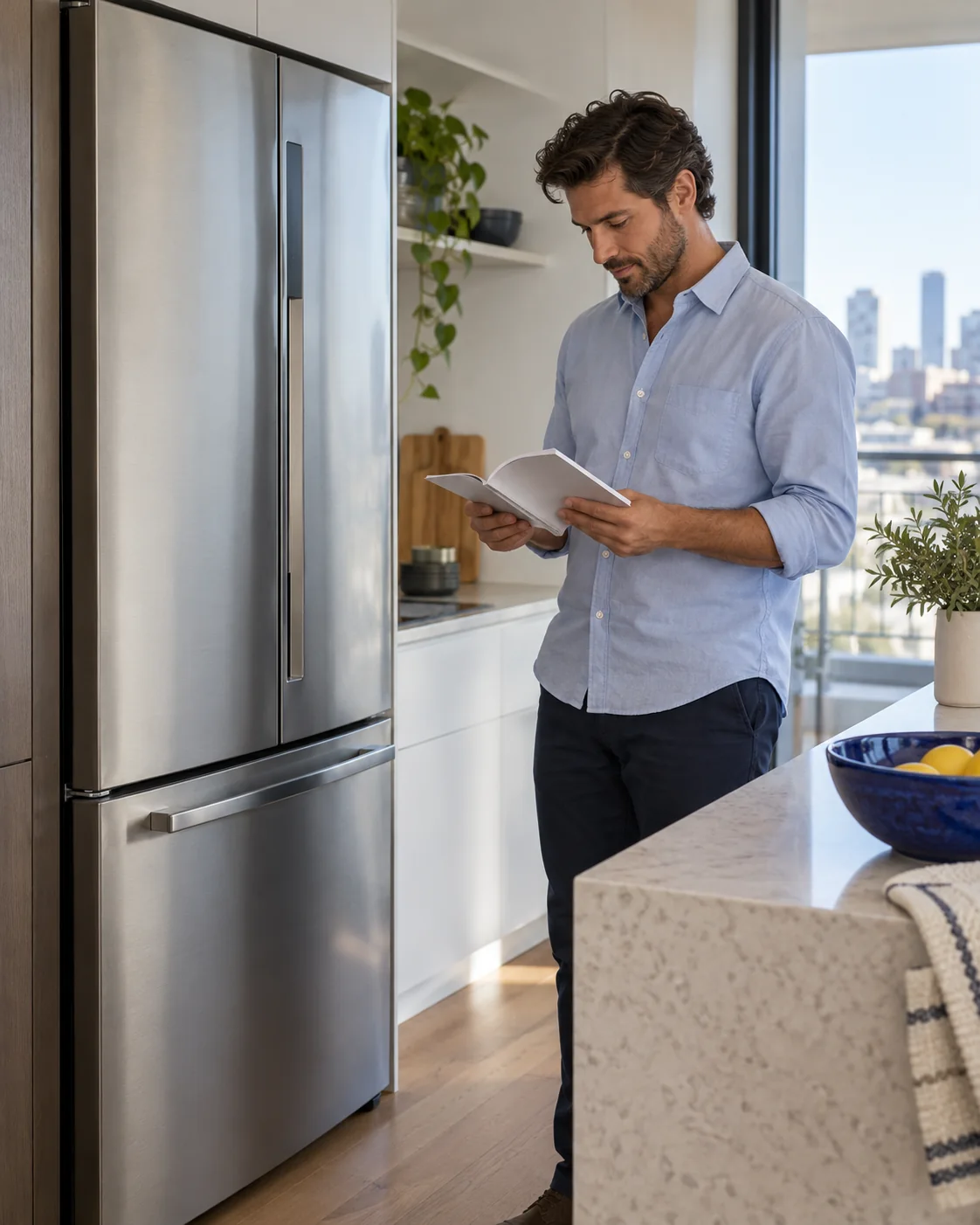 Resident noting an observation beside an open refrigerator