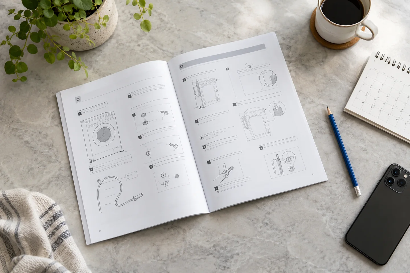 Appliance manual and a blank notebook on a kitchen bench