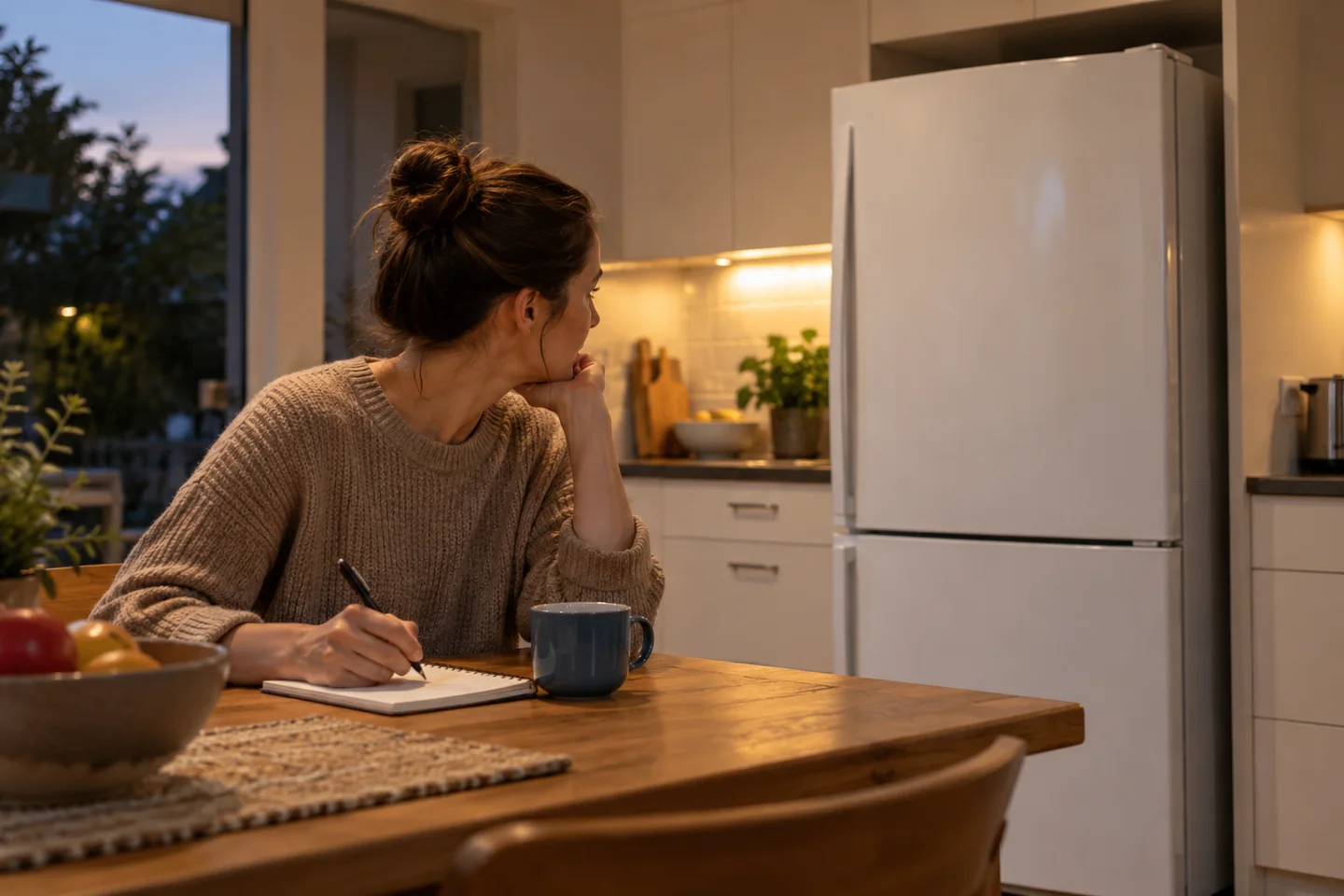 Person writing a household observation at the kitchen table